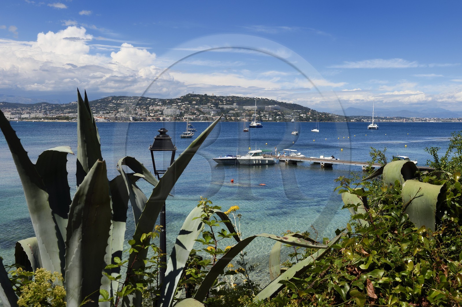 France, Alpes-Maritimes, Lerins Islands, Sainte-Marguerite island port pontoon, coastal and Cannes view
