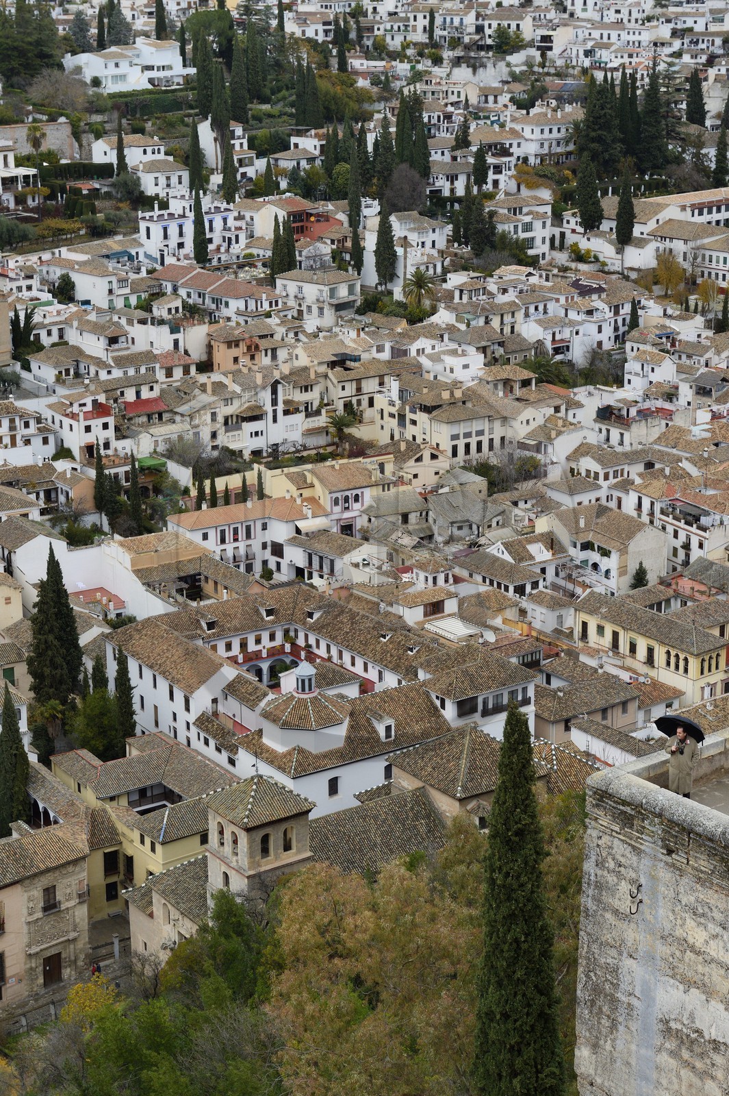 Spain, Andalusia, Granada, Albaicin District listed as World Heritage by UNESCO and San Pedro y San Pablo church seen from the Alhambra