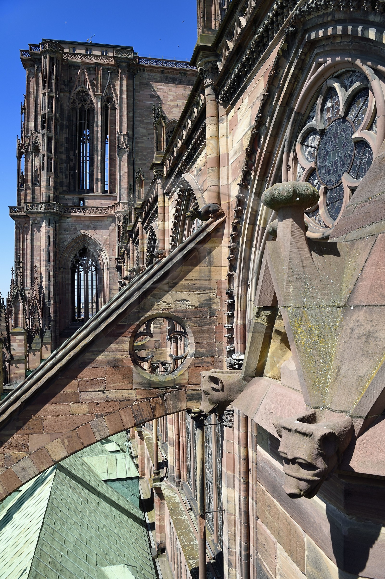 France, Bas-Rhin (67), Strasbourg, vieille ville classée au Patrimoine Mondial de l'UNESCO, la cathédrale Notre-Dame, arcs-boutants de la facade sud et gargouilles