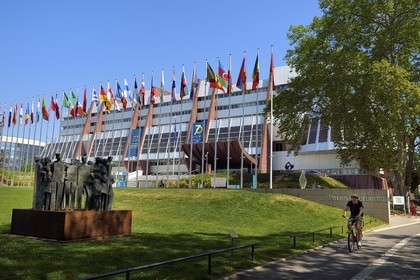France, Bas Rhin, Strasbourg, European district, the Palace of Europe with flags of member States, seat of the Council of Europe