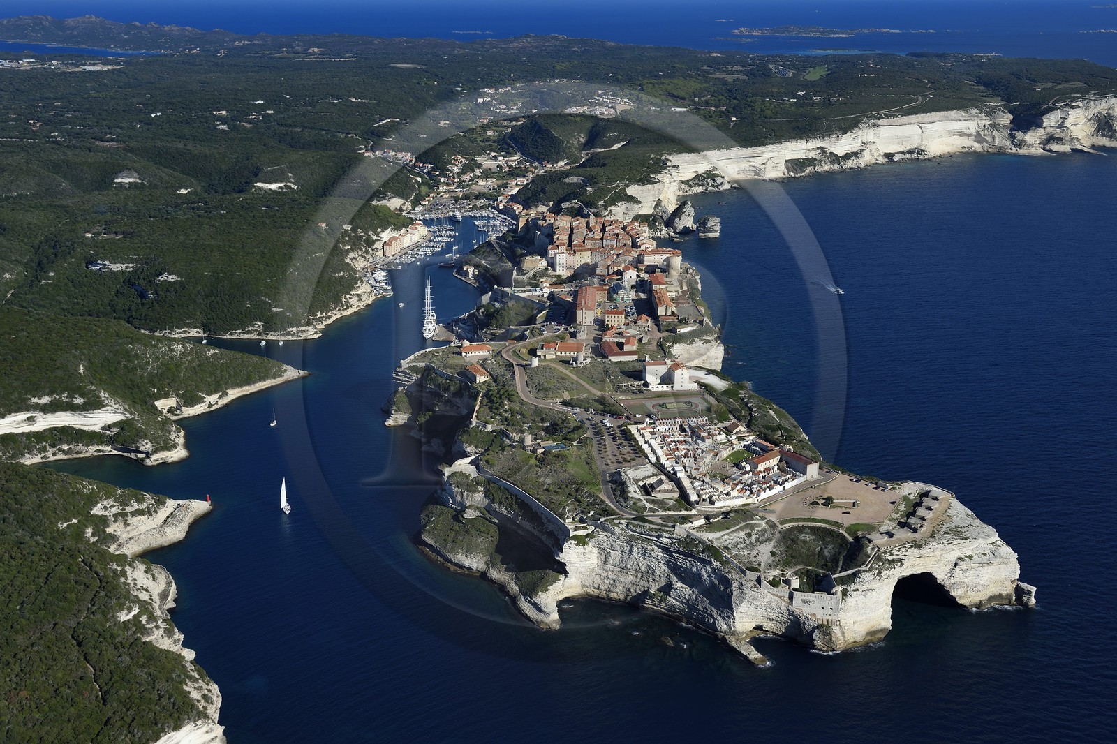 France, Corse-du-Sud (2A), Bonifacio, les falaises calcaires, la citadelle et la vieille ville (vue aérienne)