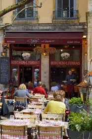 France, Rhone, Lyon, historical site listed as World Heritage by UNESCO, St. Paul neighborhood in the Vieux Lyon (Old Town), Place du Change and Bouchons Lyonnais (typical and traditional restaurants of Lyon)