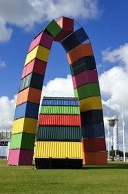 France, Seine Maritime, Le Havre, Southampton wharf, Catène de containers by Vincent Ganivet (© ADAGP) and the control tower of the port in the background