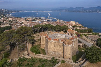 France, Var, Saint-Tropez, 16th century the citadel which houses the maritime history museum, the city is in the background (aerial view)