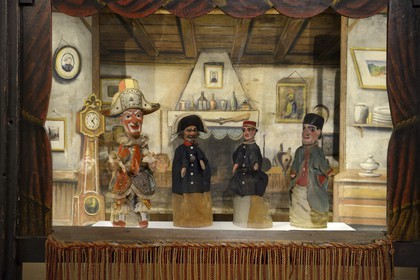 France, Rhone, Lyon, historical site listed as World Heritage by UNESCO, Vieux Lyon (Old Town), Gadagne museums, museum of the world puppets, Polichinel with Constable, Guillaume called Guignolet and Guignol (late 19th century)