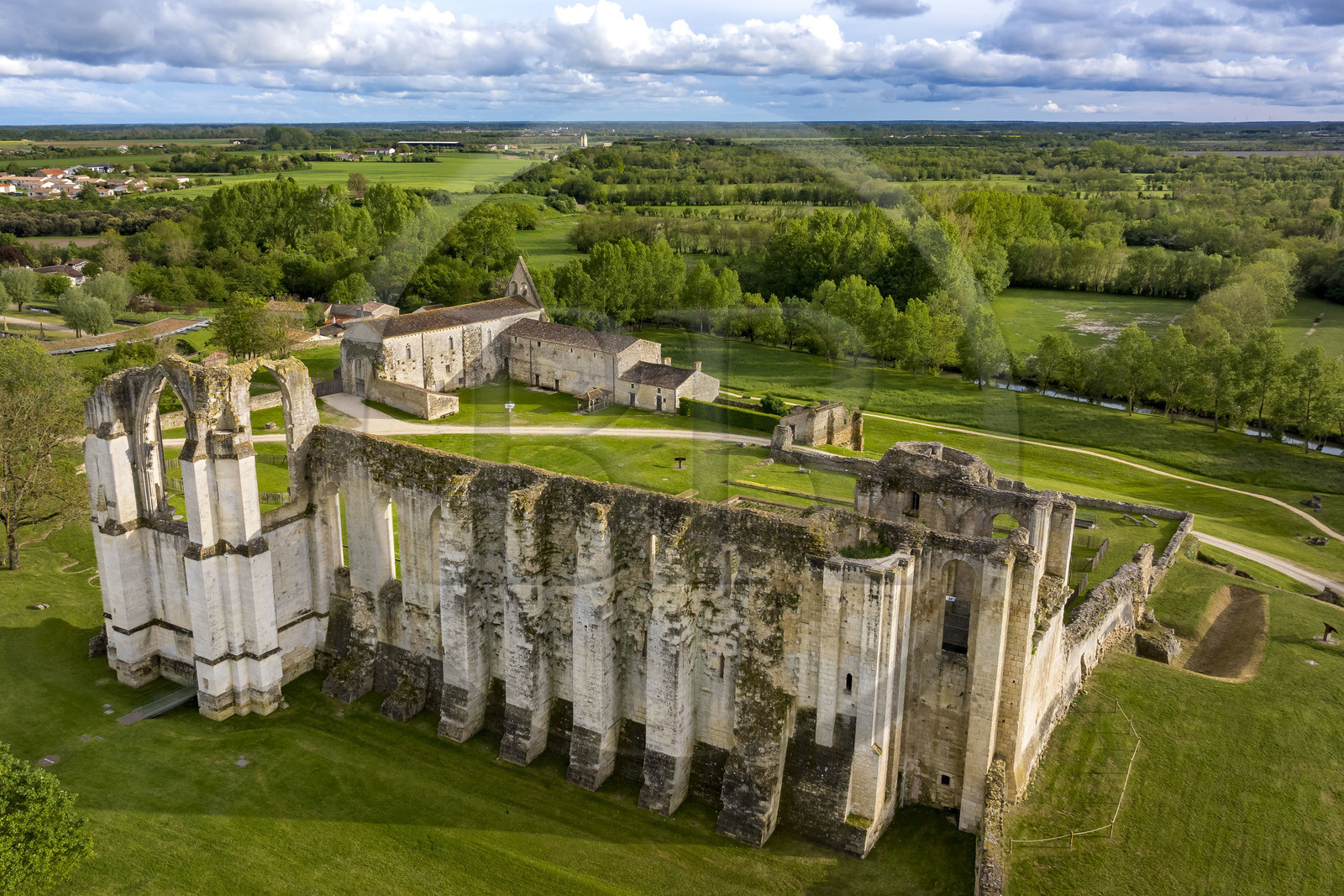 France, Vendée (85), Parc Interrégional du Marais Poitevin labellisé Grand Site de France, Maillezais, vestiges de l'abbaye Saint-Pierre de Maillezais (vue aérienne)