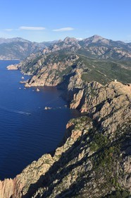 France, Corse du Sud, Golfe de Porto, listed as World Heritage by UNESCO, the Capo Rosso and the Genovese Tower of Turghiu (Turghio) in the background (aerial view)