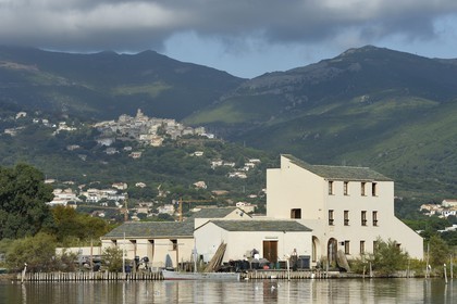 France, Haute-Corse (2B), l'étang de Biguglia (stagnu di Chjurlinu), réserve naturelle de Corse (RNC), l'écomusée de la Réserve naturelle de l'Étang de Biguglia dans l'ancien fortin, le village de Furiani en arrière plan