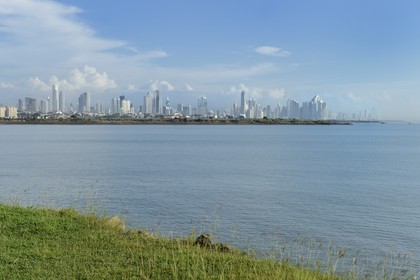 Panama, Panama City, the waterfront and skyscrapers and the old town of Casco Antiguo (Viejo) in the foreground