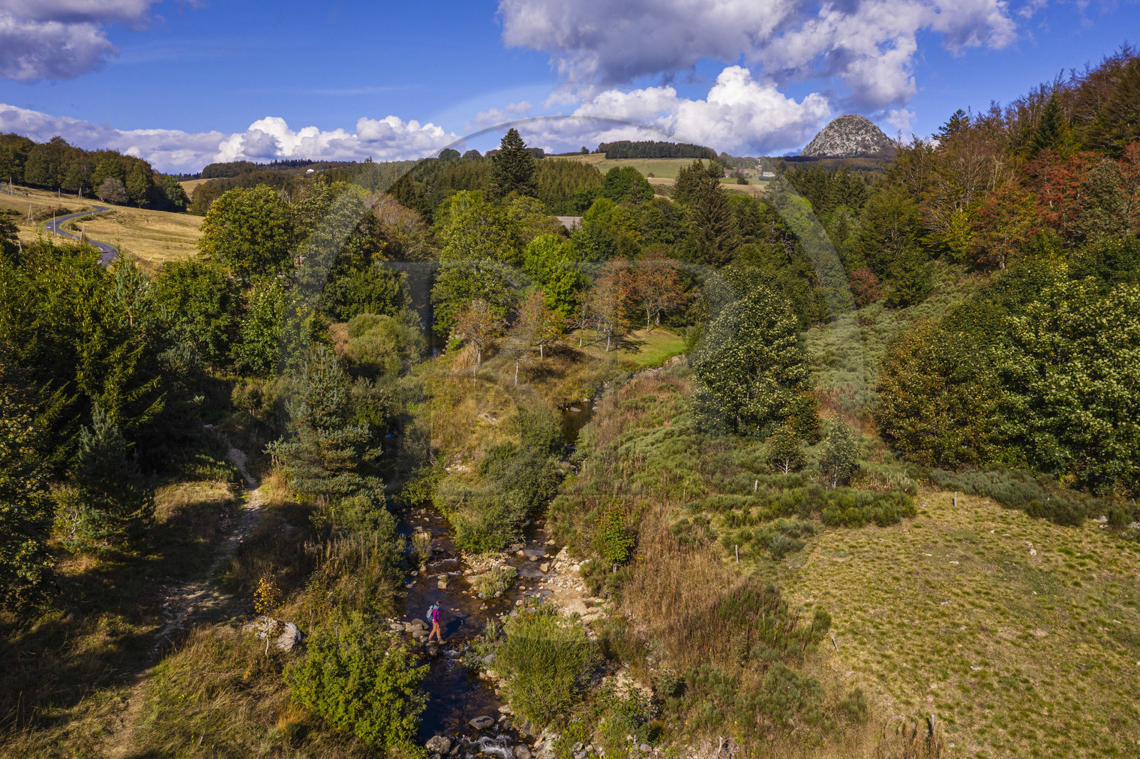 France, Ardèche (07), parc naturel régional des Monts d'Ardèche, Massif du Mézenc, randonneuse sur le sentier du GR 7 à la jonction de la Loire à droite et du Riu l'Aigue Negre à gauche, le Mont Gerbier-de-Jonc (1551 m) où la Loire trouve sa source en arrière plan (vue aérienne)