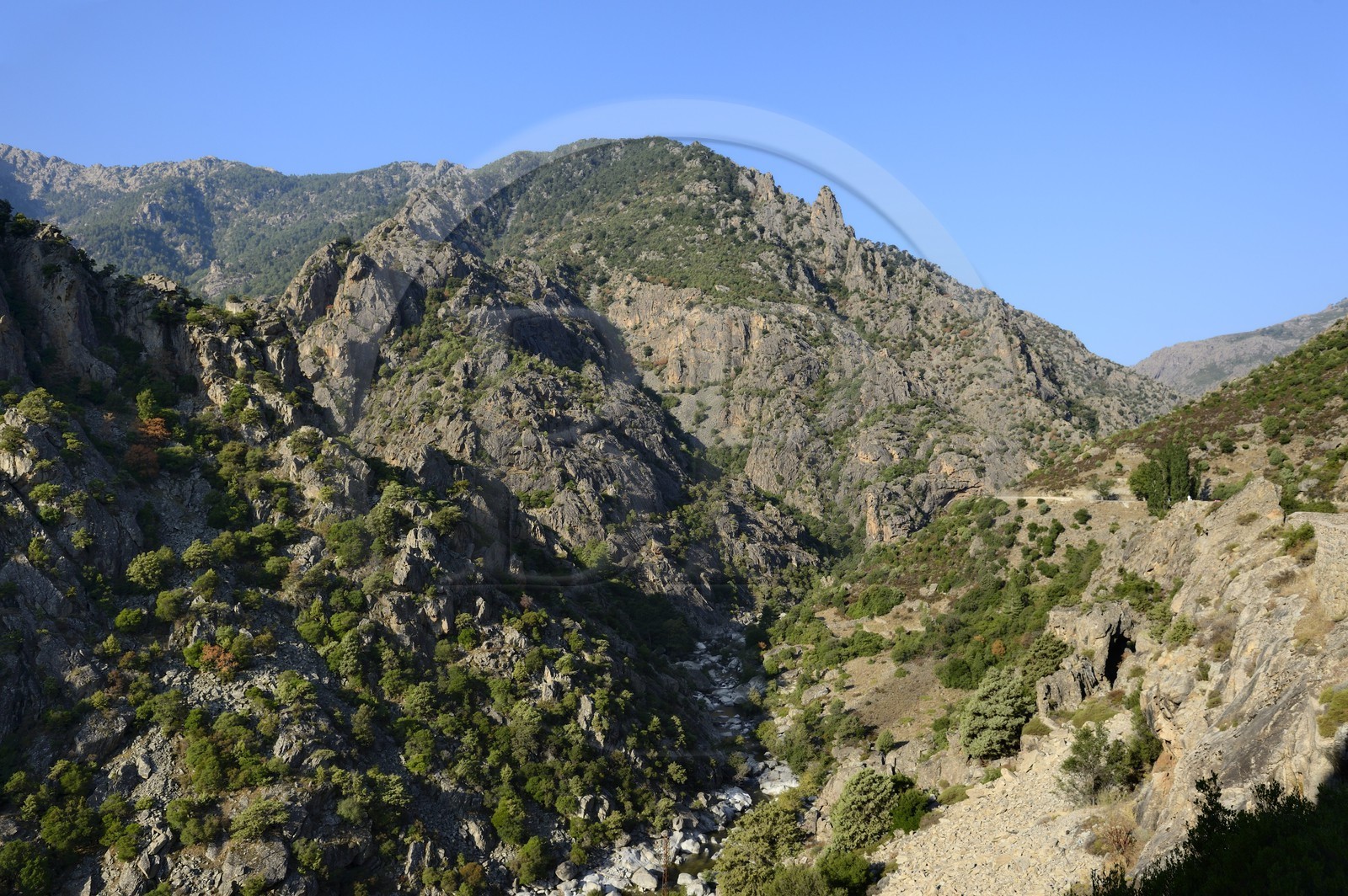France, Haute-Corse (2B), région du Niolu (Niolo), le défilé rocheux de la Scala di Santa Regina et la rivière de Golo
