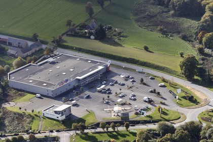 France, Cotes-d'Armor, Quintin, Carrefour Market supermarket (aerial view)