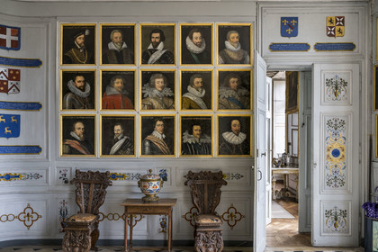 France, Cote d'Or, Epoisses, Epoisses castle, the guard room with portraits of the four Dukes of Burgundy and the successive owners of the castle