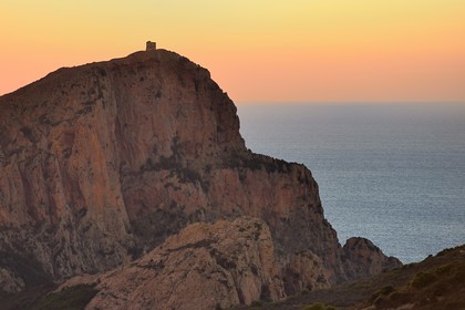 France, Corse du Sud, Golfe de Porto, listed as World Heritage by UNESCO, the Capo Rosso and the Genovese Tower of Turghiu (Turghio) in the background
