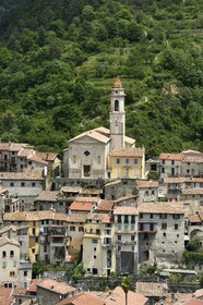 France, Alpes-Maritimes, the hilltop village of Lucéram dominated by the St Margaret Church