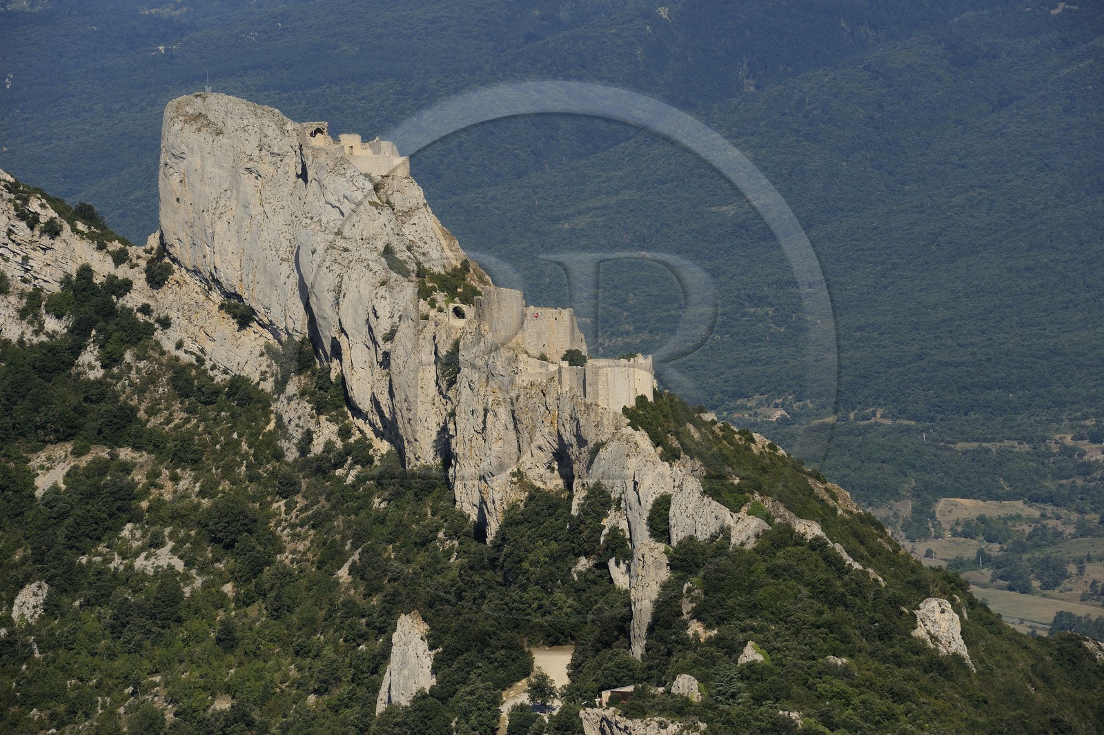 France, Aude, Peyrepertuse, the ruins of Cathar castle built in XIIth century (aerial view)