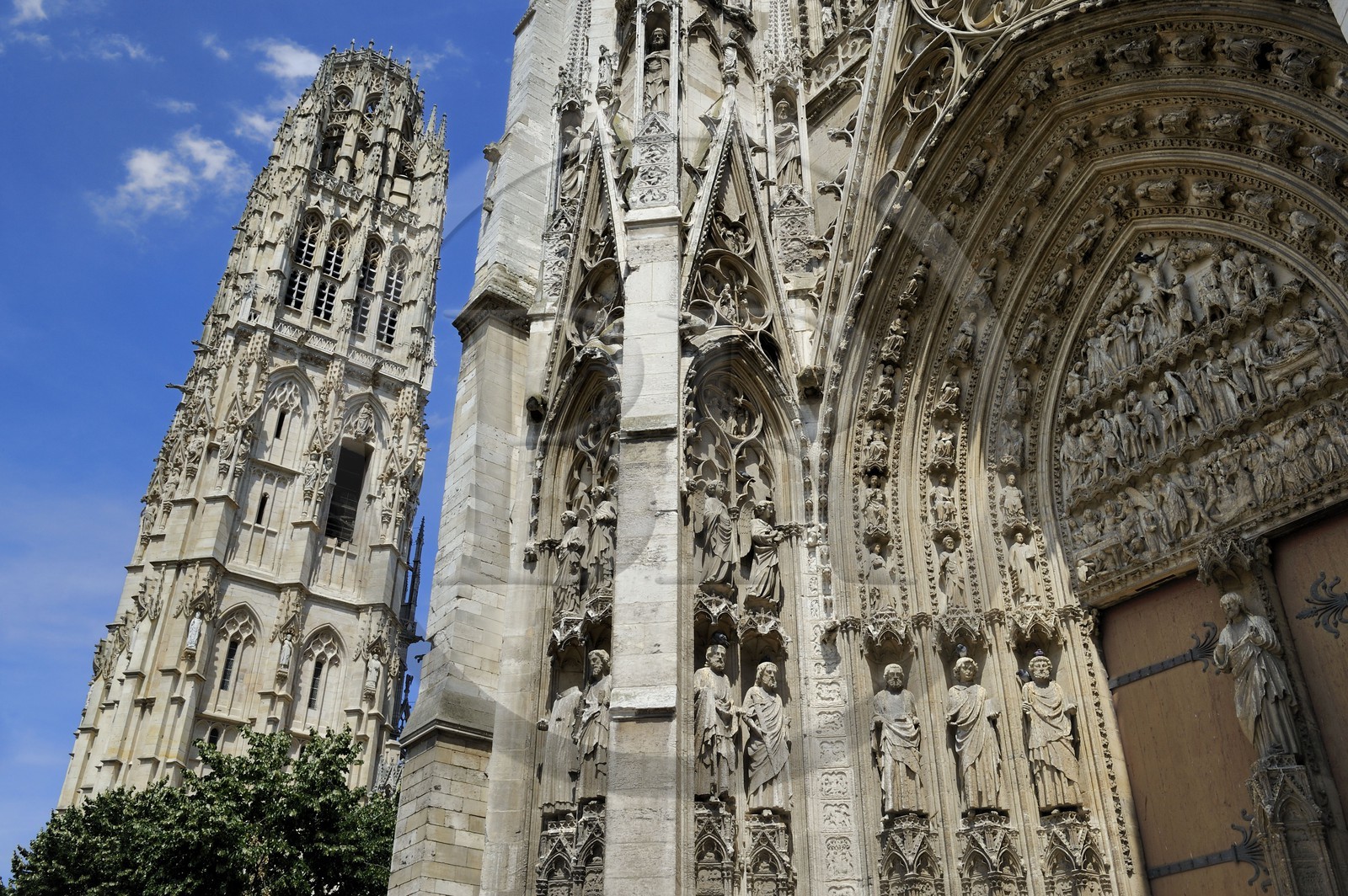 France, Seine Maritime, Rouen, Notre Dame of Rouen Cathedral, the Calende portal and the Tour de Beurre (Butter Tower)