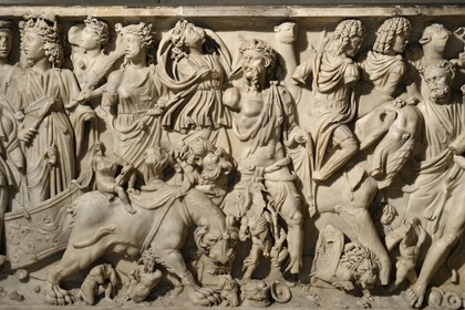 France, Rhone, Lyon, historical site listed as World Heritage by UNESCO, colline de Fourviere, Gallo-Roman Museum of Fourvière, the Sarcophagus of the Triumph of Bacchus over the Indies dating 3th century CE and was rediscovered around 1800 on the Saint-Just hill in Lyon