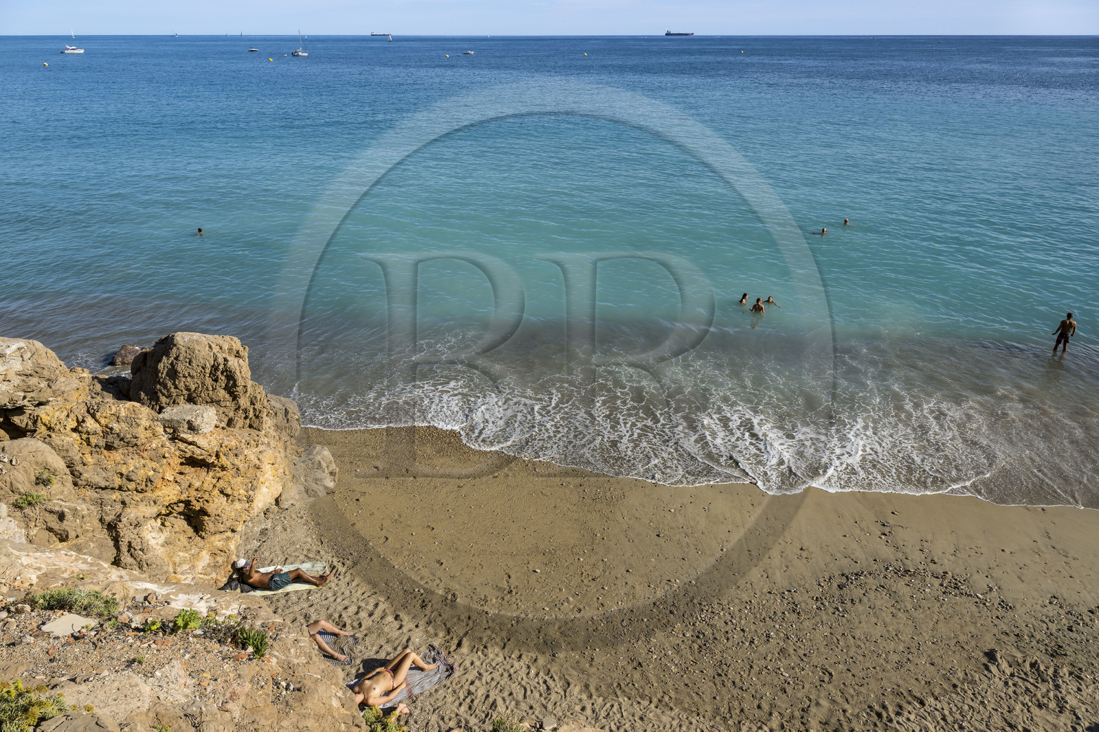France, Herault, Sete, crique de l'Anau (cove) - la Conque with a beach of fine sand and turquoise water located at the foot of the cliffs of the city