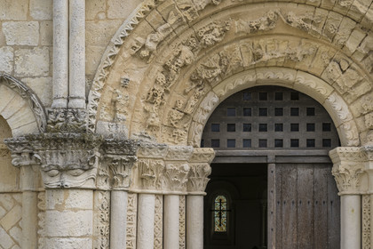 France, Charente Maritime, Echillais, the 12th century Romanesque church of Notre-Dame, classified as a historic monument, the Grand'Goule, one of the capitals of the western facade