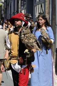 France, Seine et Marne (77), Les Médiévales de Provins, ville classée Patrimoine Mondial de l'UNESCO, fauconniers des Aigles de Provins avec chouettes