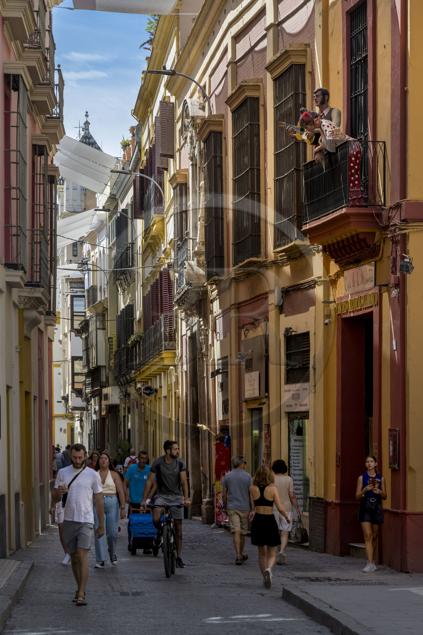Espagne, Andalousie, Séville, la rue abritée du soleil calle Cuna dans la vieille ville, la casa de la memoria flamenco show à droite
