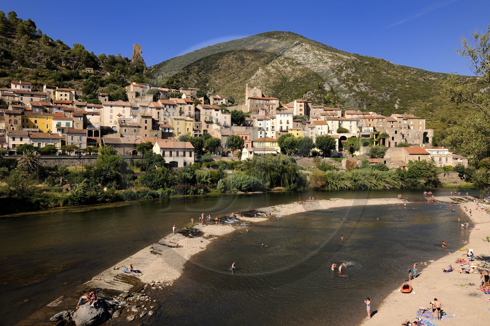 France, Herault, Orb river valley, beach on the river Orb at the village of Roquebrun