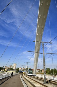 France, Bas Rhin, Strasbourg, the pedestrian, bicycle and tram line D bridge on the Vauban basin connecting Strasbourg to Kehl in Germany called Citadel Bridge in the former Autonomous Port of Strasbourg