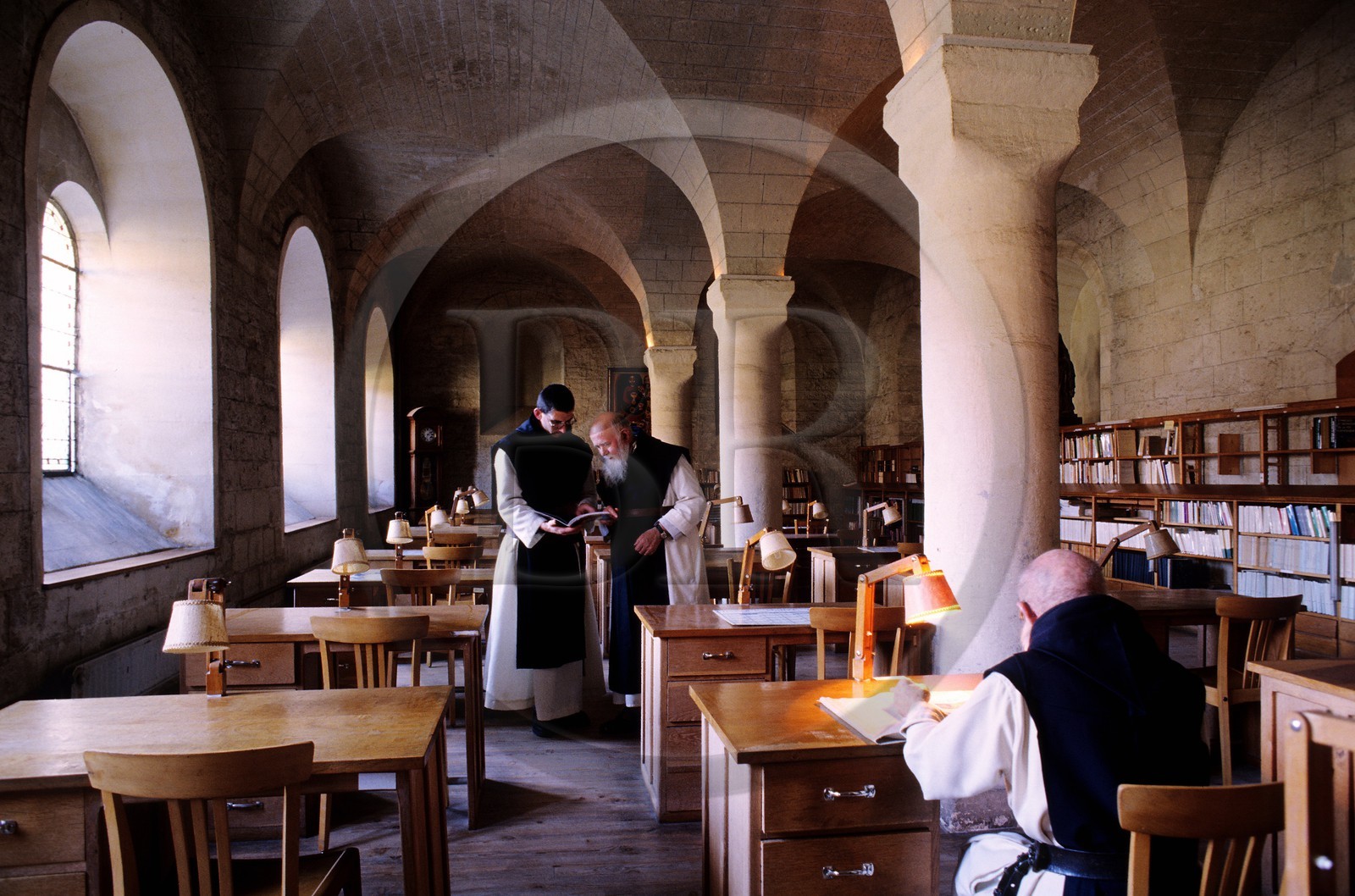 France, Drome, Montjoyer, Notre Dame d'Aiguebelle Cistercian Abbey, monks in the scriptorium