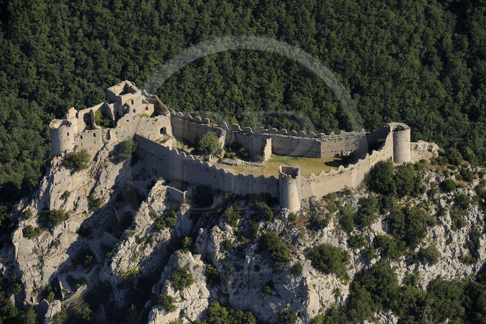 France, Aude, Cathar castle of Puilaurens (aerial view)