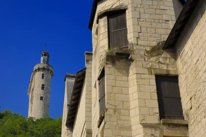 France, Indre et Loire (37), Vallée de la Loire classée Patrimoine Mondial de l'UNESCO, Chinon, l'Hôtel des Etats Généraux au Grand Carroi (rue Voltaire) et la tour de l'Horloge du château (musée Jeanne d'Arc)