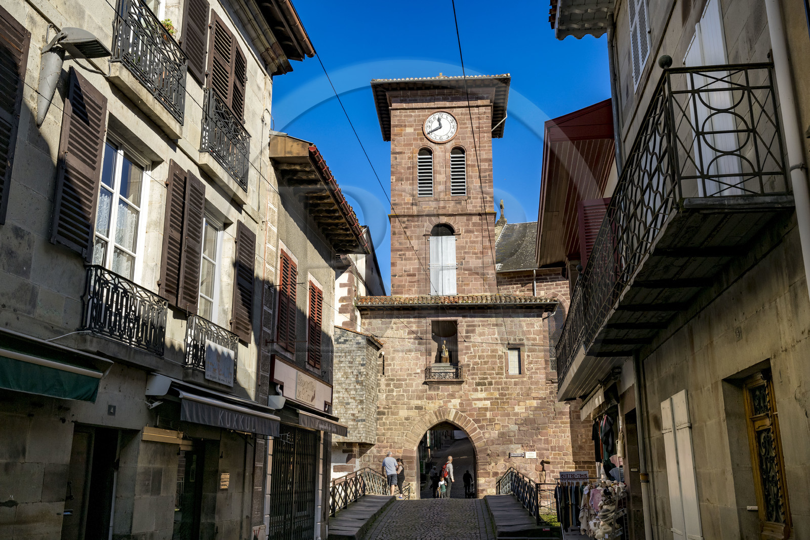 France, Pyrenees Atlantiques, Basque Country, Saint Jean Pied de Port, rue d'Espagne (Spain street) on the Way of St. James and Notre Dame du Bout du Pont church