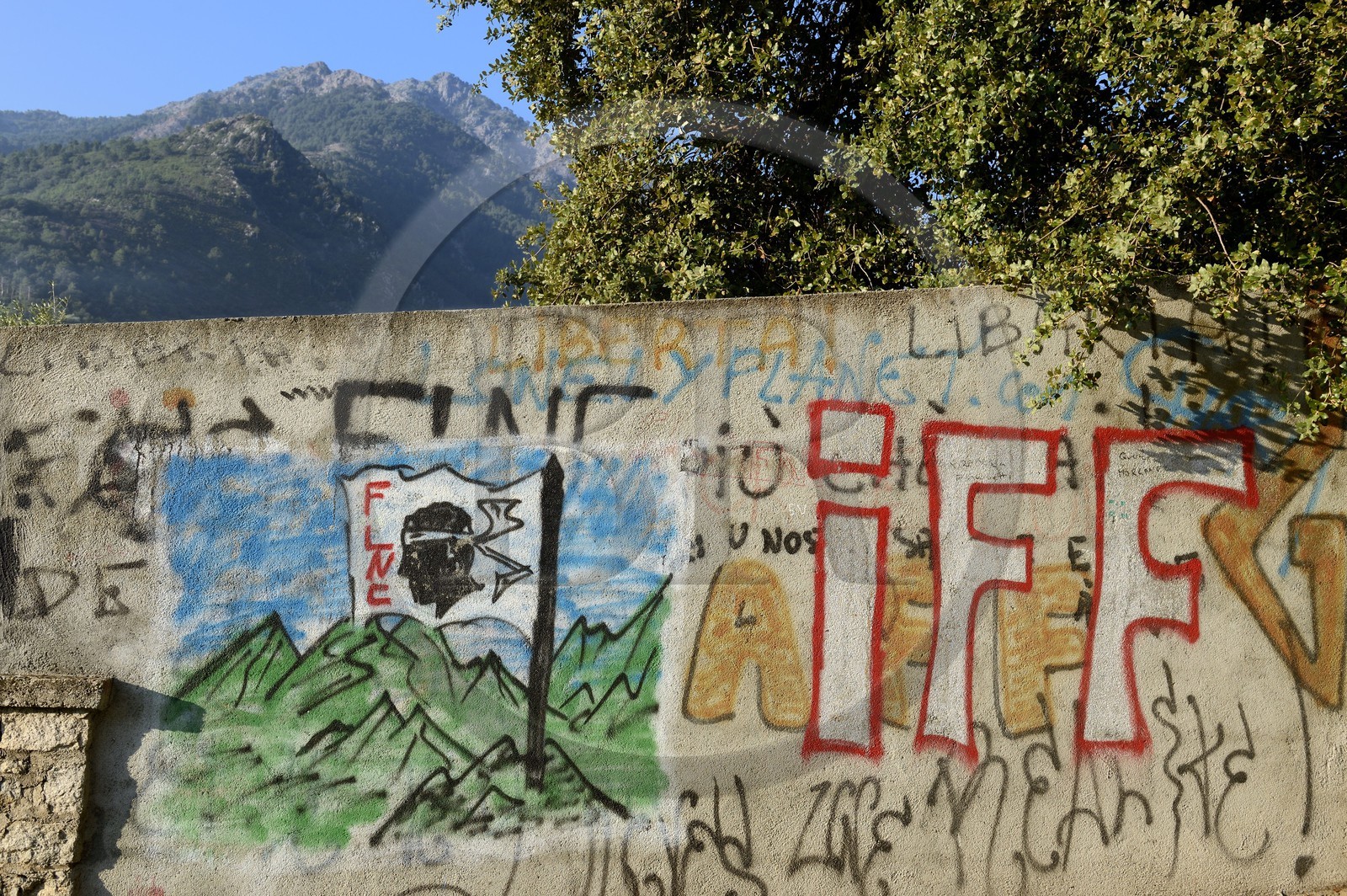 France, Haute-Corse (2B), Corte, graffitis politiques et indépendantistes avec la tête de Maure emblème de la Corse