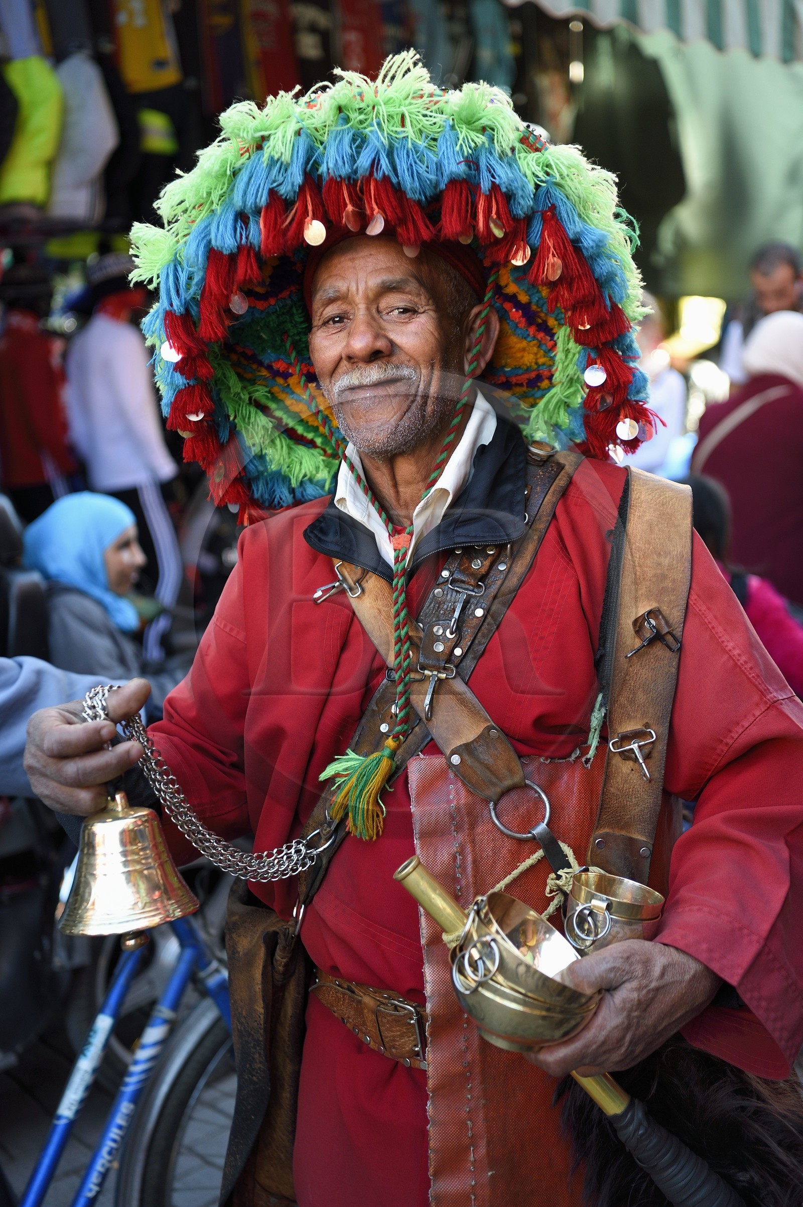Morocco, High Atlas, Marrakech, Imperial city, Medina listed as World Heritage by UNESCO, guerrabas or water carrier in the souks