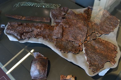 France, Puy de Dome, Gergovie Plateau, historic site of the battle between the Averni and the Romans of Caesar in 52 BC, Archeologic Museum, chain mail of rusty Roman armor that was an Gallic warrior trophy