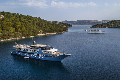 Croatie, Dalmatie, cote dalmate, Ile de Mljet, Parc national de Mljet, mouillage d'un bateau de croisière dans la baie de Polace (vue aérienne)