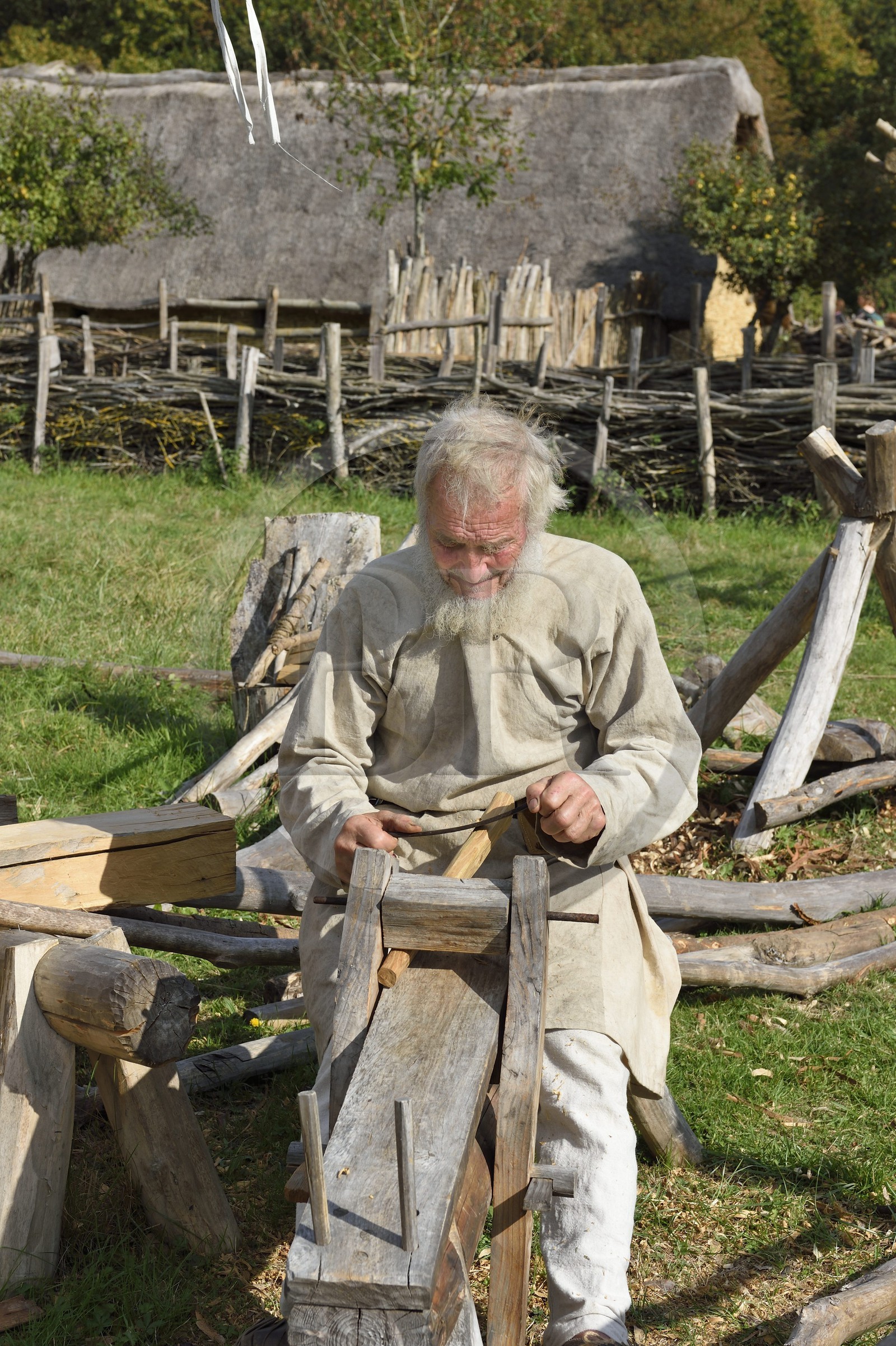 France, Calvados, Herouville Saint Clair, Domaine de Beauregard, Ornavik Historical Park, reconstruction of a Carolingian village with its artisans and farmers, carpenters