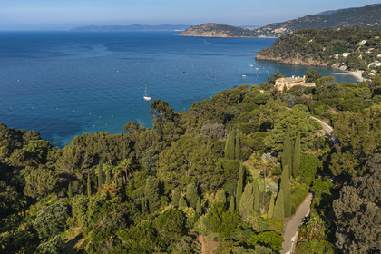France, Var, Le Rayol Canadel sur Mer, Domaine du Rayol, Conservatoire du Littoral Estate compulsory mention, Jardin des Mediterranees designed by landscaper Gilles Clément and the mansion l'Hôtel de la Mer in the background (aerial view)