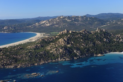 France, Corse du Sud, Cala de Roccapina natural site, Roccapina genoese tower and Lion rock (aerial view)