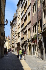 France, Rhone, Lyon, historical site listed as World Heritage by UNESCO, St. Paul neighborhood in the Vieux Lyon (Old Town), the rue Juiverie street