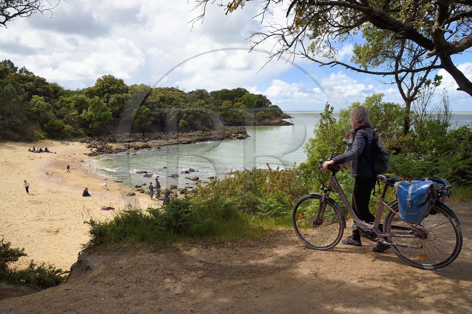 France, Charente-Maritime (17), Ile d'Aix, cycliste faisant la véloroute La Flow Vélo arrivant à la crique de la plage des Sables d’Or
