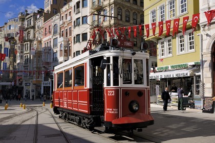 Turkey, Istanbul, Beyoglu, Taksim District, old tramway in Istiklal Caddesi Street