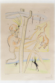 France, Aisne (02), Château-Thierry, Musée Jean de La Fontaine - Ville de Chateau-Thierry, illustrations des Fables de La Fontaine, Le Singe et le Léopard fable III du livre IX, estampes de Salvador Dali, 1976, pointe sèche sur papier vélin, rehauts de couleurs au pochoir