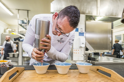 France, Finistère, Morlaix bay, Carantec, Michelin-starred Nicolas Carro restaurant at the Hôtel de Carantec, the chef in his kitchen