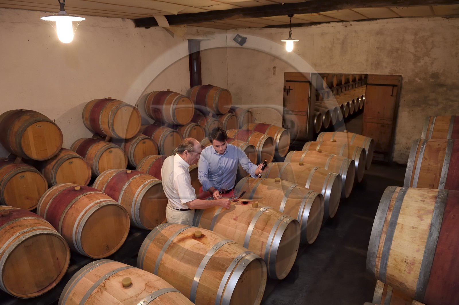 France, Dordogne, Creysse near Bergerac, Pecharmant vineyard, cellars of the chateau de Tiregand, Francois-Xavier de Saint-Exupéry owner and winemaker in the winery