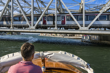 France, Herault, Sete, la Pointe Courte district, fishing district on the banks of the Etang de Thau, the Marechal Foch railway bascule bridge on the exit of the canal into the pond