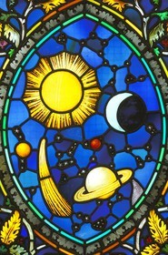 United Kingdom, London, United Grand Lodge of England, detail of a stained glass of symbols, the Sun and the moon