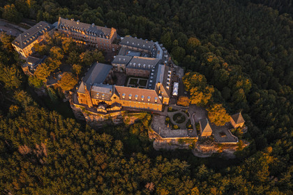 France, Bas Rhin, Mont Saint Odile, Mont Sainte-Odile Abbey also known as Hohenburg Abbey facing the plain of Alsace (aerial view)