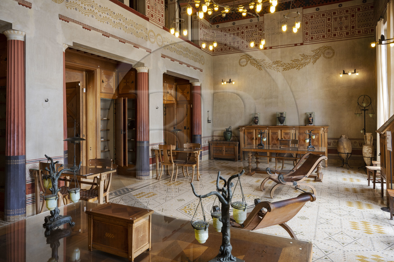 France, Alpes-Maritimes, Beaulieu-sur-Mer, neo-Greek style villa Kerylos build in 1908 by architect Emmanuel Pontremoli, the library