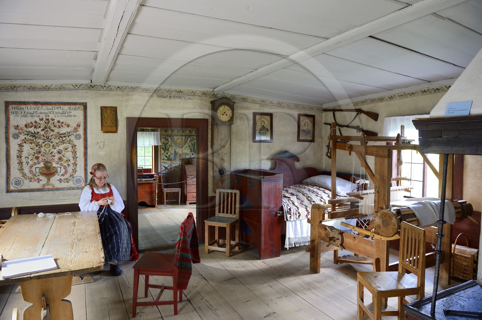 Sweden, Stockholm, Djurgarden, open air museum Skansen, inside of the living room from the Delsbo Farmstead from Hälsingland